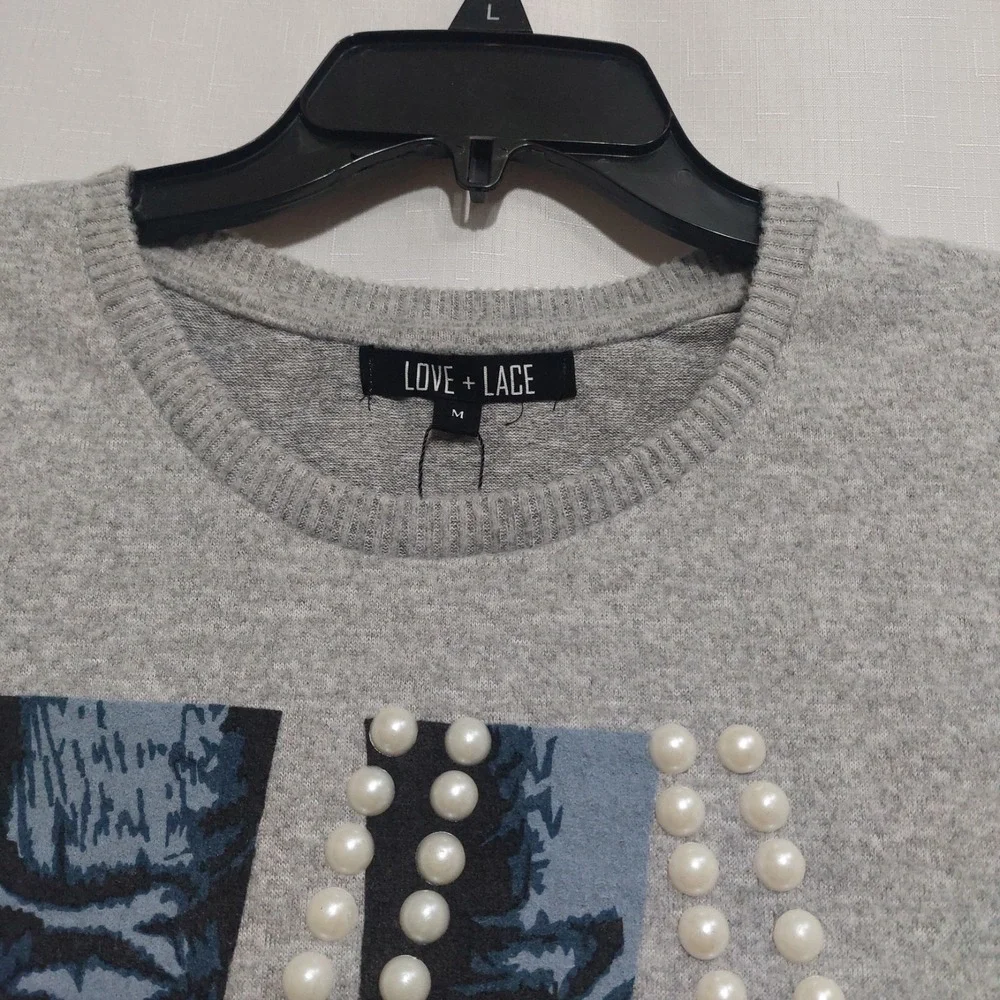 Love+Lace Womens Knit M Sweater 3/4 Sleeves Rhinestones & Pearl Embellished NWT